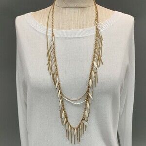 Bay to Baubles Long Necklace Rhionna Opal Fringe Gold-tone White Chains NWT